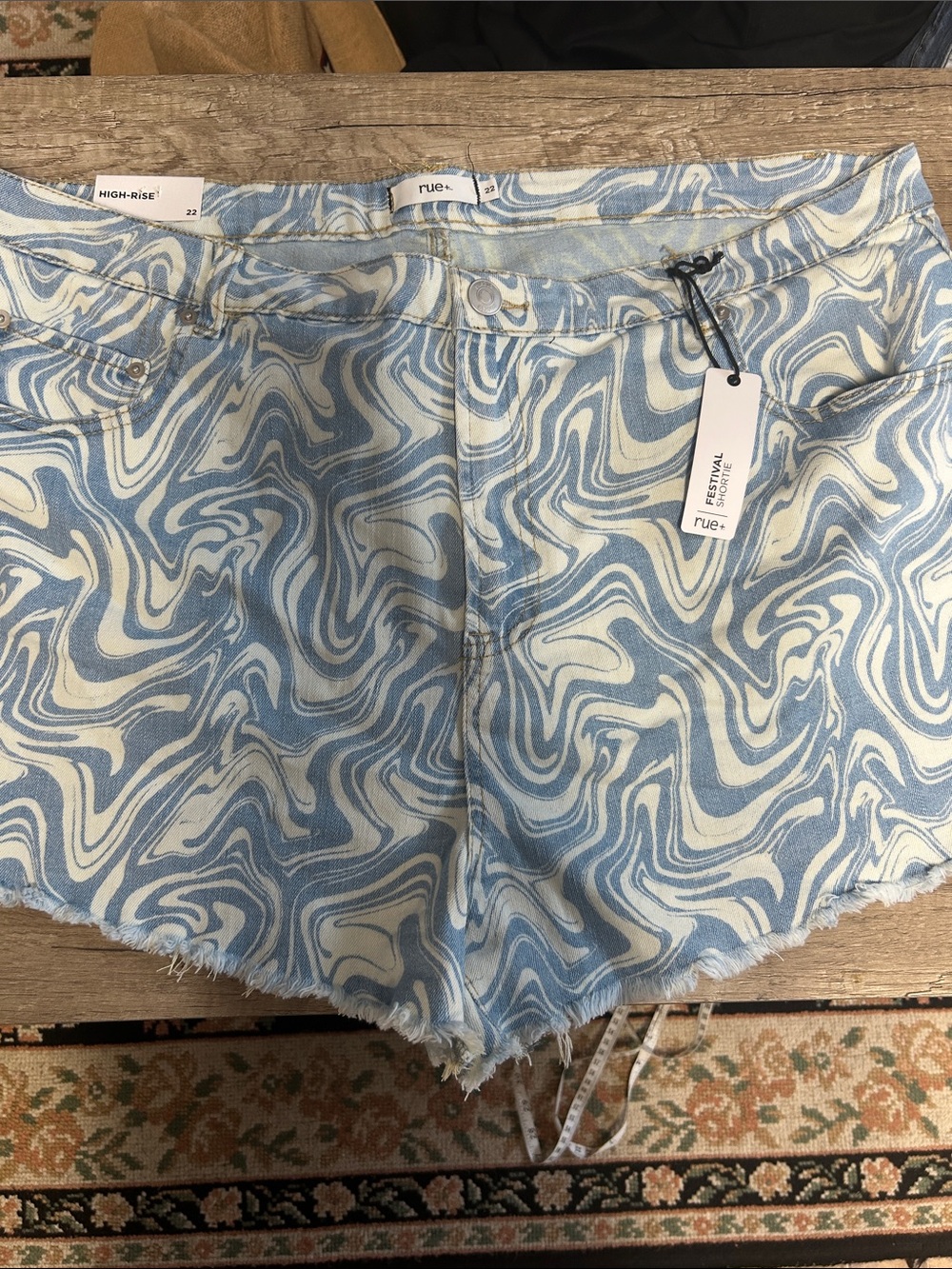 Rue21 High-Rise Blue & White Swirl Denim Shorts